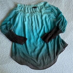WHBM chiffon blouse, dip-dye effect hem, gorgeous ocean turquoise+gray color